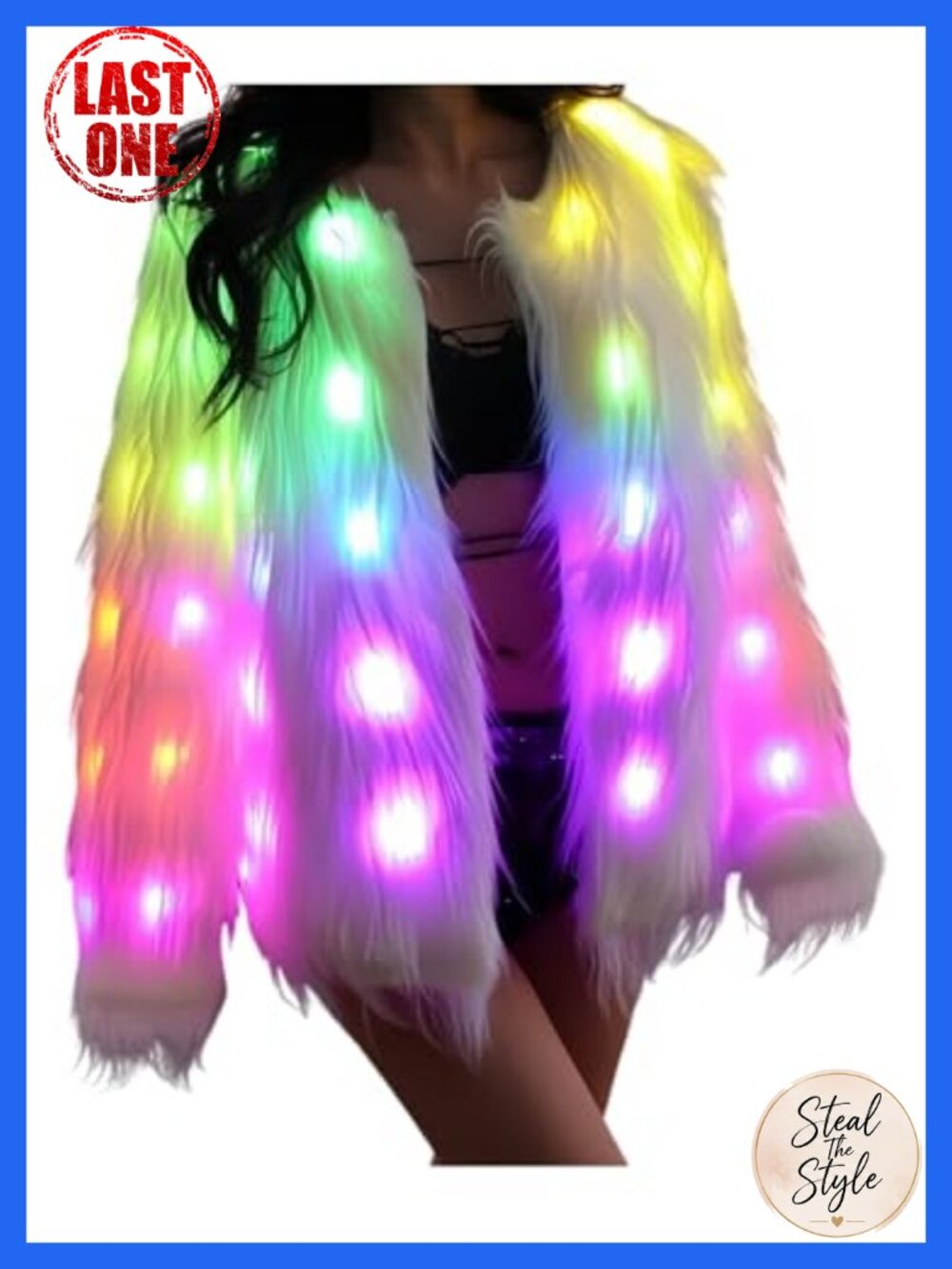 Women Faux Fur LED Light Up Jacket Music Festival Halloween Winter Coat